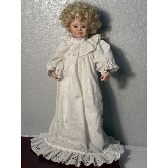 The Unbranded Brand Other - Curly Blonde Hair Porcelain Doll 16" Blue Eyes All White Gown